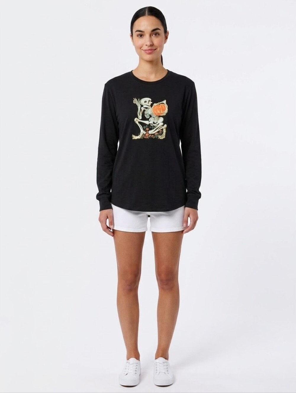 Spooky Halloween Skeleton Pumpkin Graphic Long Sleeve Shirt Fall Top NWT XS-3XL